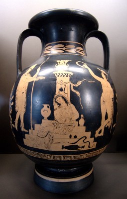 Orestes, Electra and Hermes at the tomb of Agamemnon. Side A of a lucanian red-figure pelike- ca. 380–370 BC_Louvre_K544.jpg