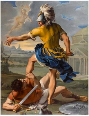 Aureliano Milani (1675 Bologna 1749), The Combat of Aeneas and Turnus. Oil on canvas, 67 x 52 in. (171.5 x 133.3 cm). Signed and dated at center right on temple pediment “aureliano milani. m.dccviii”.jpg