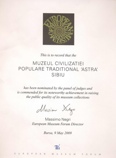 Diploma de excelenta Muzeul Astra Sibiu 2009